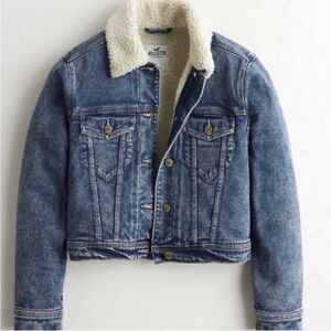 Hollister Blue Denim Jacket with Cream Sherpa Collar